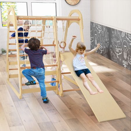 Set di giocattoli da arrampicata in legno con scivolo anelli da ginnastica, Parco giochi per bambini Naturale