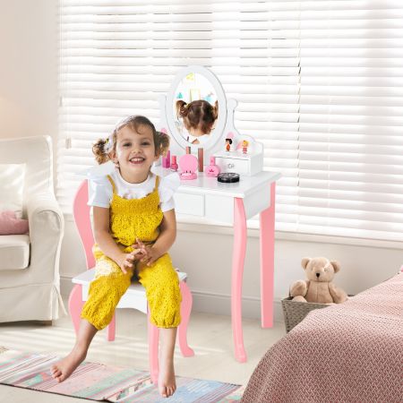 Costway Set tavolo toeletta e sgabello per bambini con specchio girevole a 360° e 3 cassetti, Tavolo da trucco Bianco