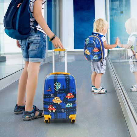 Costway Set valigia rigida 32cm e zaino 24cm con manico retrattile, Set valigia con ruote da viaggio per bambini Blu