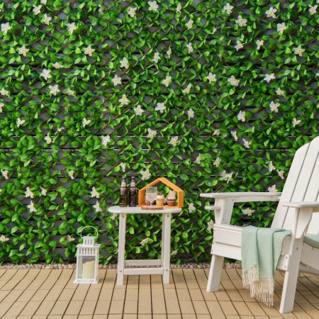 Costway Panello artificiale espandibile per privacy per balcone cortile casa, Siepe artificiale con piccoli fiori Bianco