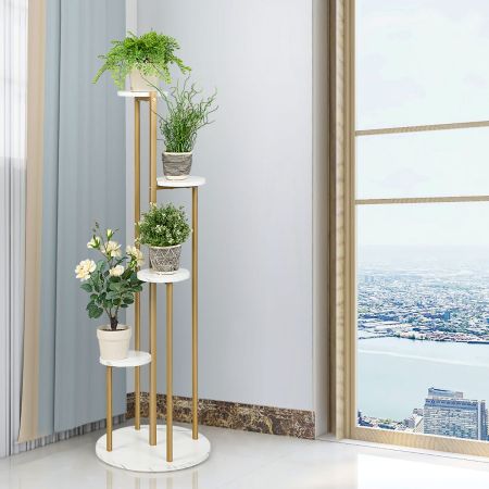 Costway Supporto per piante in metallo a 4 livelli, Scaffale per piccole piante con superficie in finto marmo Bianco