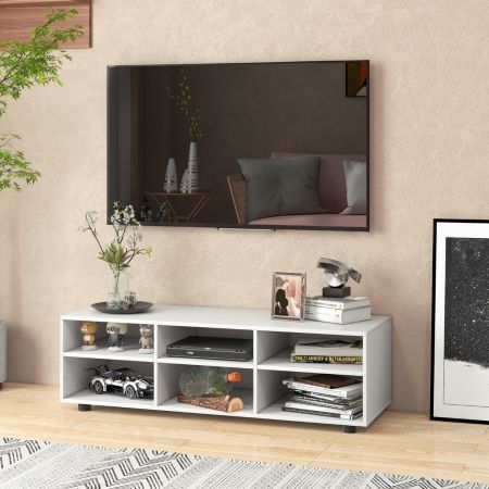 Supporto TV per casa con 6 scomparti e 5 ripiani regolabili, Tavolo console TV in legno per soggiorno Bianco