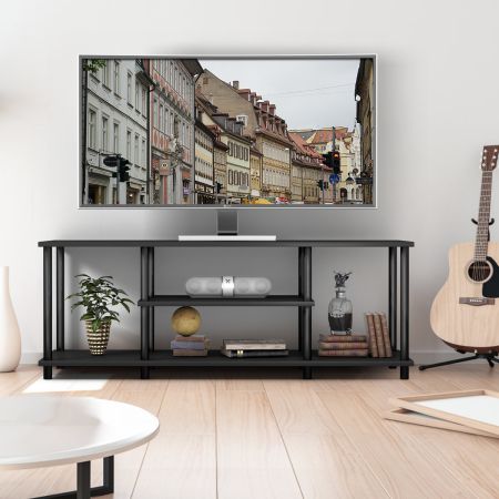 Costway Supporto TV a 3 livelli, Tavolo console multimediale con struttura in metallo massiccio ripiani in legno Nero