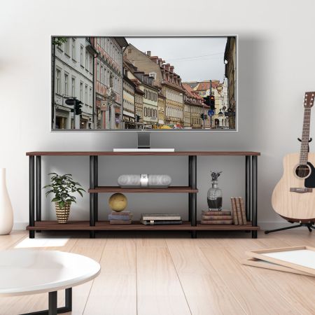 Costway Supporto TV a 3 livelli, Tavolo console multimediale con struttura in metallo massiccio ripiani in legno Marrone