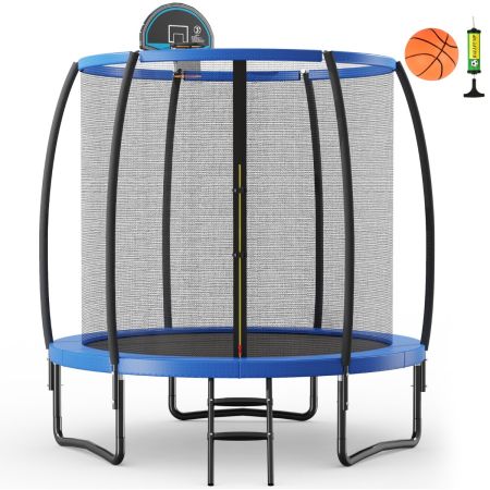 Costway Tappeto elastico con anello da basket rete cuscinetto di sicurezza scaletta con 2 gradini, Trampolino da 245cm