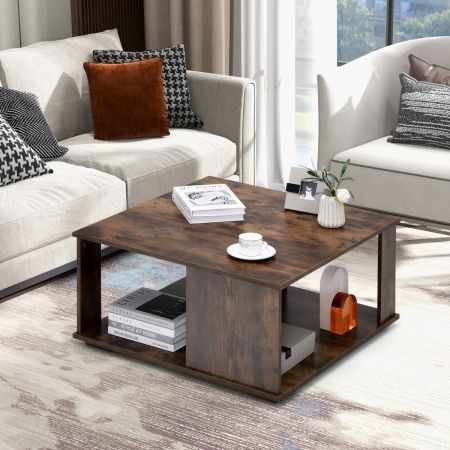 Tavolino da caffè quadrato in legno con ripiano, Tavolino da tè moderno per soggiorno studio Marrone