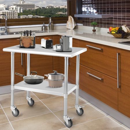 Tavolino da lavoro in acciaio regolabile a 2 ripiani da cucina, Carrello in metallo per officina 91,5x61x89,5cm Argento