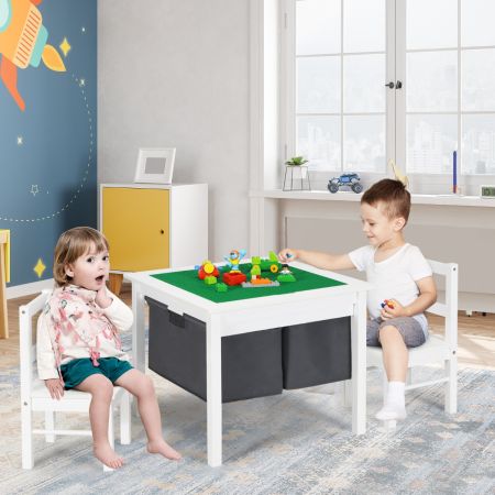 Costway Tavolo attività per bambini e 2 sedie con contenitore, Tavolo da costruzione a doppia faccia 2 cassetti Bianco