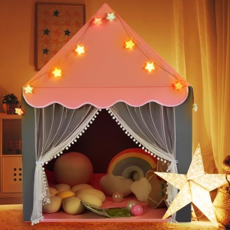 Costway Tenda da gioco per bambini con tappetino lavabile, Tenda castello fatato con luci a forma di stella Rosa