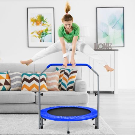 Costway Trampolino fitness per adulti e bambini con maniglia regolabile, Mini trampolino pieghevole 101x101x122cm Blu