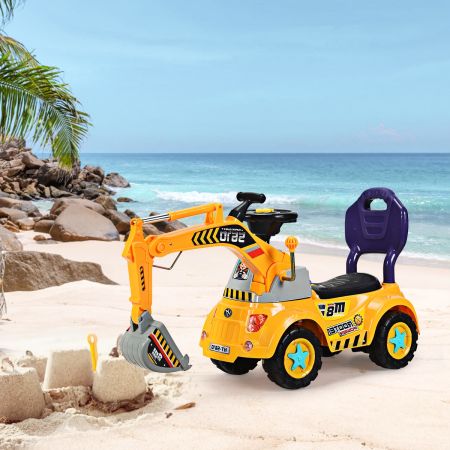 Costway Ruspa giocattolo cavalcabile per bambini 3-5 anni Giocattolo veicolo con casco giallo e 3 pezzi di giocattoli da spiaggia