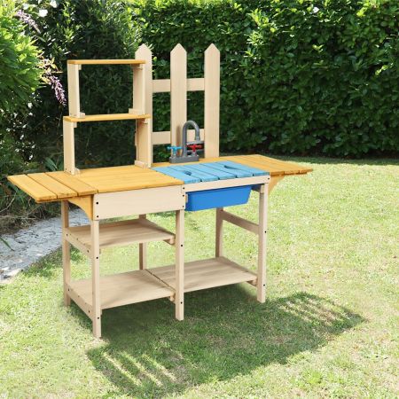 Cucina di legno da esterno per bambini, Cucina con rubinetto finto mensole e tavole rimovibili