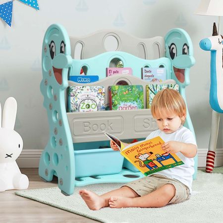 Libreria per bambini con 4 mensole e 2 contenitori, Libreria design con delfino materiale sicuro, Verde
