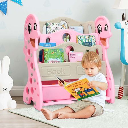 Libreria per bambini con 4 mensole e 2 contenitori, Libreria design con delfino materiale sicuro, Rosa