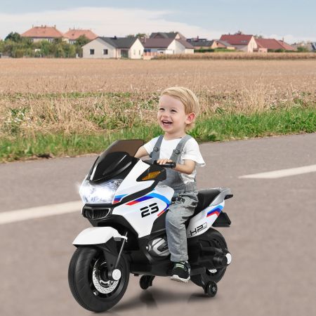 Moto cavalcabile per bambini 12V alimentata a batteria con rotelle luci LED, Moto elettrica bambini Bianco