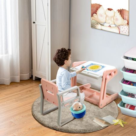 Costway Tavolino per bambini con sedia, Tavolo magnetico 2 in 1 con ampio spazio e regolabile in altezza Rosa