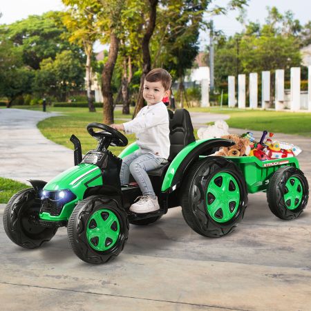 Costway Trattore elettrico per bambini con rimorchio e telecomando, Trattore giocattolo con cintura di sicurezza Verde