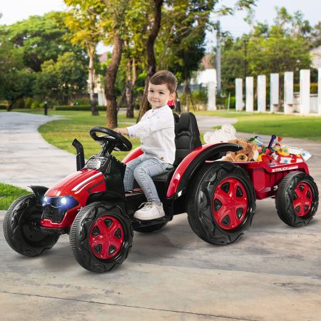 Costway Trattore elettrico per bambini con rimorchio e telecomando, Trattore giocattolo con cintura di sicurezza Rosso