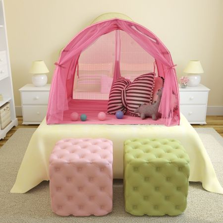 Costway Tenda da gioco per letto dei bambini con borsa di trasporto, Casetta portatile con doppia tenda a rete Rosa