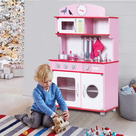 Costway Cucina giocattolo per bambini in legno con accessori Cucina gioco riproduzione perfetta 60x30x107cm Rosa