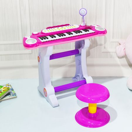 Pianoforte elettronico con 37 tasti per bambini, Strumento musicale educativo con microfono e sgabello, Rosa