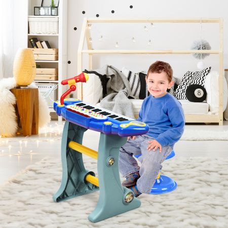 Pianoforte elettronico con 37 tasti per bambini, Strumento musicale educativo con microfono e sgabello, Blu