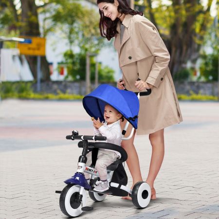 Triciclo 4 in 1 pieghevole per bambini con parasole regolabile, Passeggino con tre ruote per bimbi 1-5 anni 102x50x91cm Blu