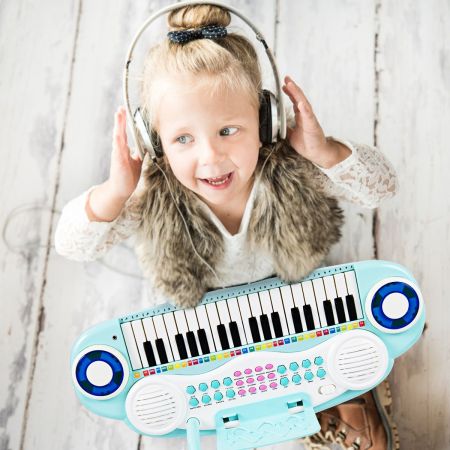 Tastiera musicale elettronica multifunzione con 37 tasti e microfono, Pianoforte giocattolo ideale per camera dei bambini, Blu