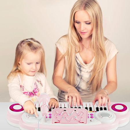 Tastiera musicale elettronica multifunzione con 37 tasti e microfono, Pianoforte giocattolo ideale per camera dei bambini, Rosa