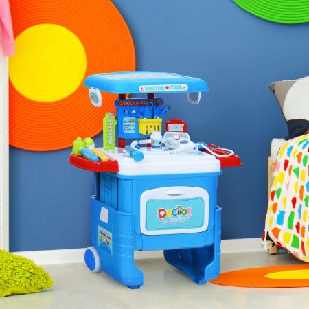 Costway Set dottore giocattolo design con luci e altezza regolabile, Valigetta del dottore 2 in 1 con ruote lisce, Azzurro