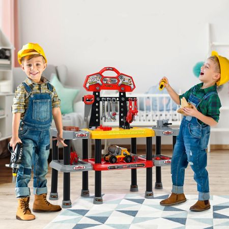 Costway Banco da lavoro realistico con attrezzi giocattolo per bambini, set di 121 attrezzi con ganci e doppio livello