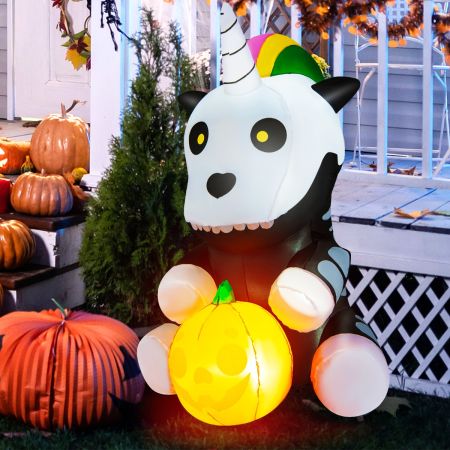 Costway Unicorno scheletro gonfiabile per Halloween, Decorazione festiva con luci LED 4 paletti 2 corde 150cm