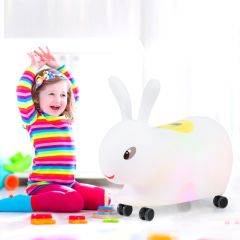 Costway Macchina giocattolo a forma di coniglio con luci colorate e storie, Giocattolo con musica per bambini 59x28x45cm Bianco
