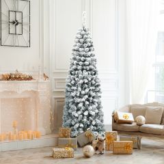 Costway Albero di Natale slanciato 180 cm, Abete artificiale innevato con base flessibile e foglie spesse