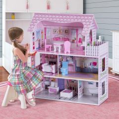 Costway Casa delle bambole in legno per bambina Casa giocattolo dei bambini 3 piani con mobili e accessori 61x26,5x71cm