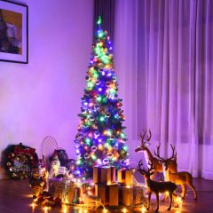 Costway Albero di Natale artificiale sottile con 708 rami, Abete a cerniera illuminato con luci LED base di metallo 198cm