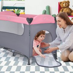 Costway Box 3 in 1 a doppio strato con culla e fasciatoio per bambini, Nursery portatile con zanzariera con ruote Rosa