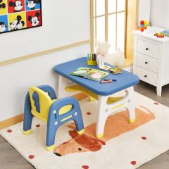 Costway Set tavolo e sedia per bambini con forma di dinosauro, Mobili di plastica con mensola e costruzioni Blu