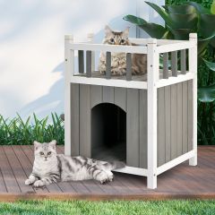 Costway Casetta di legno a 2 piani per gatti con grande porta, Rifugio resistente per interno ed esterno Grigio e bianco