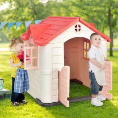 Costway Casetta per bambini con porte finestre tavolo, Set giocattolo con 7 pezzi con copertura impermeabile Rosa