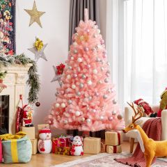 Costway Albero di Natale artificiale 180cm con 1036 rami e ornamenti rosa, Albero di Natale con base pieghevole Rosa