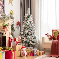Costway Albero di Natale innevato 150cm con 228 bacche bianche e Stelle di Natale, Albero di Natale con cerniera