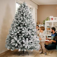 Costway Albero di Natale innevato floccato 180cm con cerniera e 883 rami, Albero di Natale artificiale in PVC con base