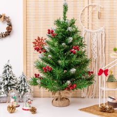 Costway Albero di Natale 60cm per scrivania con 76 rami in PVC e base, Albero di Natale realistico con bacche rosse