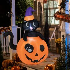 Costway Decorazione gonfiabile di Halloween, Gatto con cappello da mago seduto dentro una zucca con luci LED soffiatore