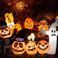 Costway Decorazione gonfiabile di Halloween, Gonfiabile con fantasma zucca scheletro e cappelli di streghe luci LED