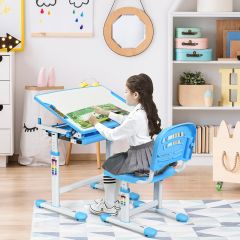 Costway Scrivania per bambini regolabile in altezza Set tavolo e sedie bimbi da disegno inclinabile Blu