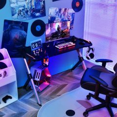 Costway Scrivania ergonomica da gaming a forma di Y con luci RGB LED, Scrivania per PC per casa e ufficio 120x60x74cm