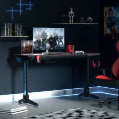 Costway Scrivania da gaming a forma di T con luci LED con 8 modalità, Scrivania per PC con porta bicchiere 140x65x75cm