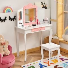 Costway Set tavolo toeletta e sgabello per bambini con specchio tripartito, Set toeletta con stampe di stelle Bianco